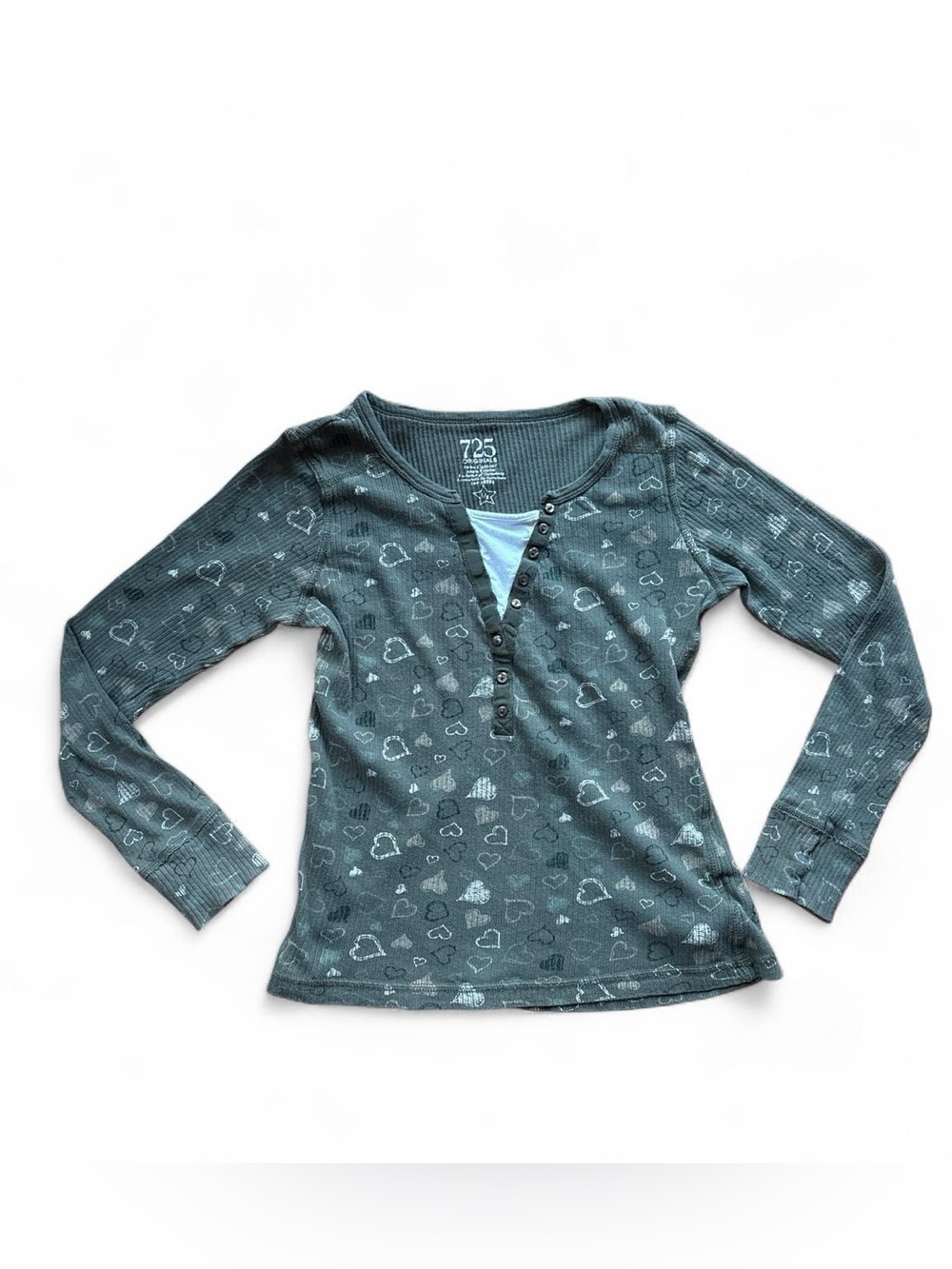 Vintage Y2K 725 Originals Olive Green Heart Print Thermal Layered Henley Top